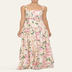 Agua By Agua Bendita Lima Embroidered Pink Floral Print Linen Maxi Dress